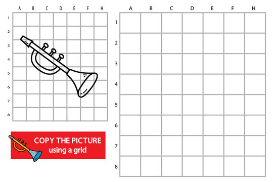 Vector illustration of grid copy picture educational puzzle game with doodle trumpet 