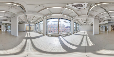 Empty room with repair. full seamless spherical hdri panorama 360 degrees in interior of white room for office or store with huge panoramic windows in equirectangular projection © hiv360