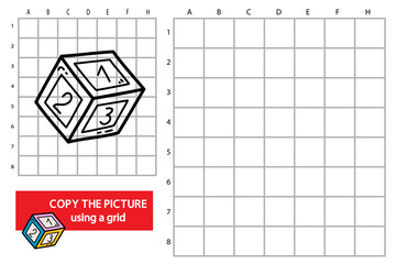 Vector illustration of grid copy picture educational puzzle game with doodle cube