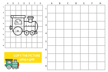 Vector illustration of grid copy picture educational puzzle game with doodle train