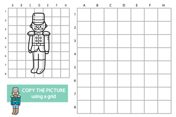 Vector illustration of grid copy picture educational puzzle game with doodle boy soldier
