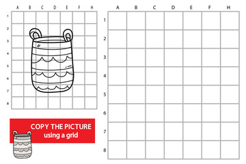 Vector illustration of grid copy picture educational puzzle game with doodle toy bag 
