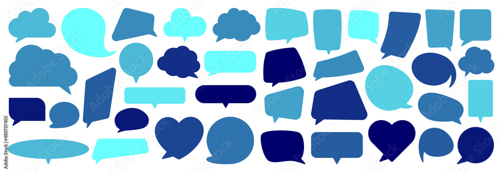 Poster set of empty blue and turquoise speech bubbles of different shapes.