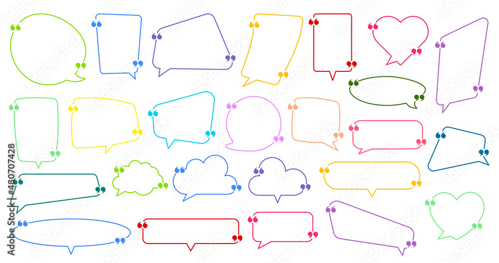 Poster set of empty speech bubbles of different shapes with quotation marks on white background.