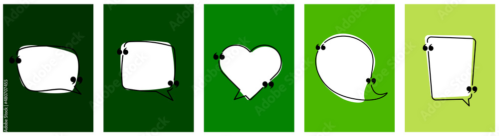 Poster set of speech bubbles with quotation mark isolated gradient green cards.