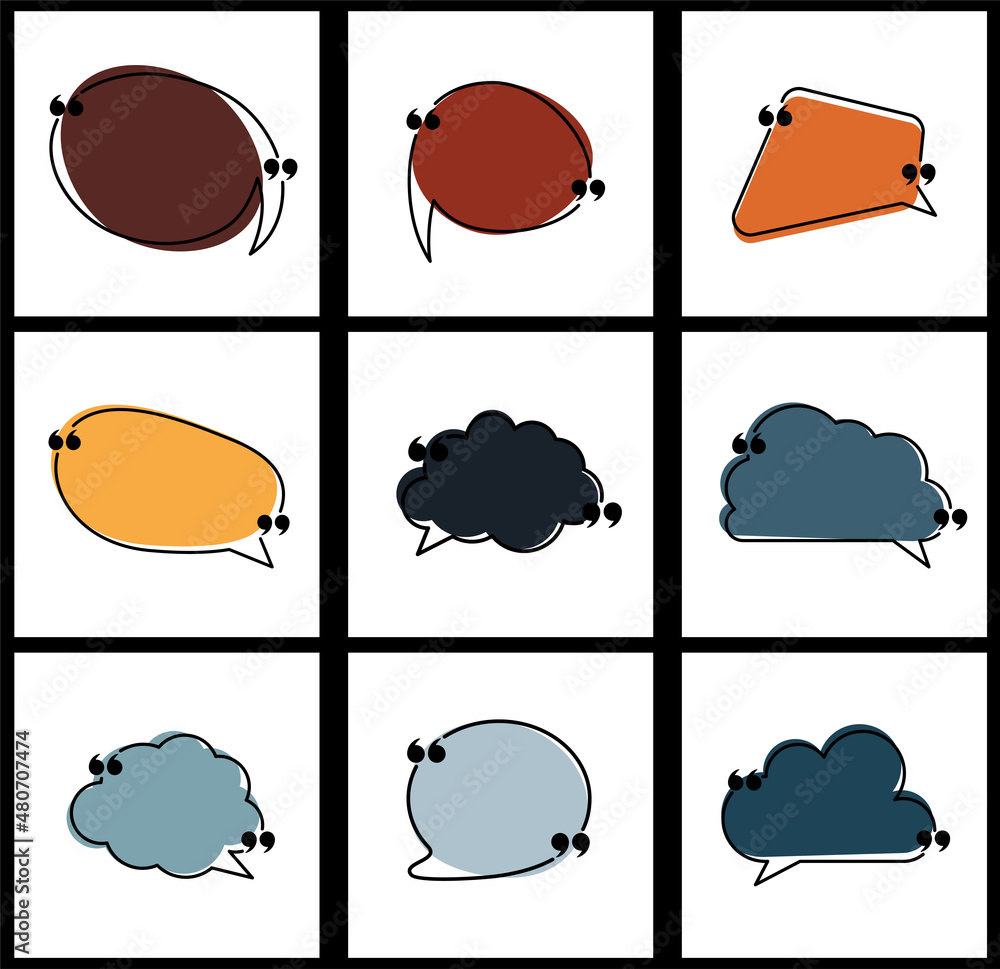 Poster set of speech bubbles of different shape with quotation mark isolated cards.