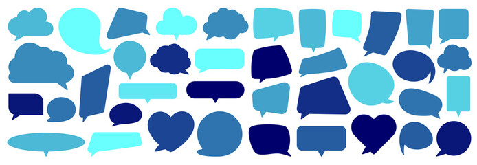 Set of empty blue and turquoise speech bubbles of different shapes.