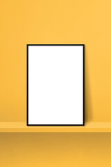 Black picture frame leaning on a yellow shelf. 3d illustration. Vertical background