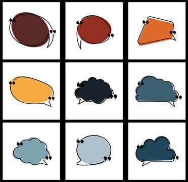 Set of speech bubbles of different shape with quotation mark isolated cards.