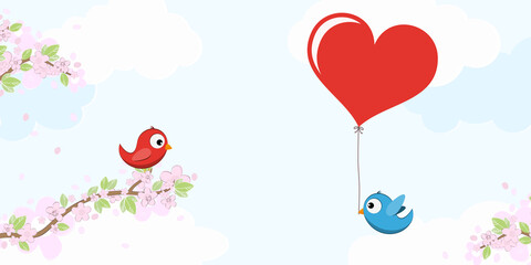 Birds in love on blossom branches