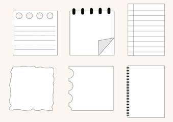 collection set of the blank spiral notebook paper, notebook, planner, memo, paper sheets, notepad, torn paper. simple and printable