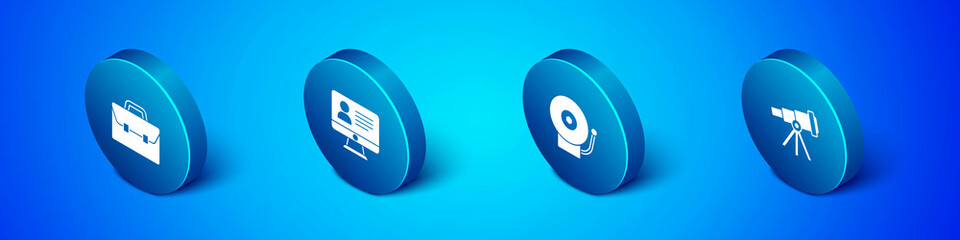 Set Isometric Briefcase, Ringing alarm bell, Telescope and Online class icon. Vector