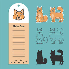 cat breed maine coon. Set of stickers, silhouettes and contour line doodle vector illustrations pedigree pet. Design label with field for recording information.
