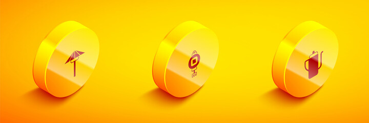 Set Isometric Japanese umbrella from the sun, Chinese paper lantern and tea ceremony icon. Vector