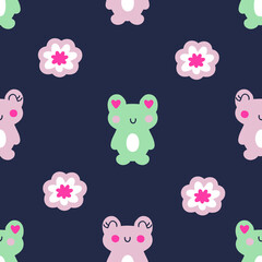 Summer cute frogs and flowers doodle seamless pattern. Perfect for T-shirt, postcard, textile and print. Hand drawn vector illustration for decor and design. 

