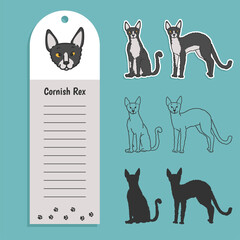 Fototapeta na wymiar cat breed cornish rex. Set of stickers, silhouettes and contour line doodle vector illustrations pedigree pet. Design label with field for recording information.