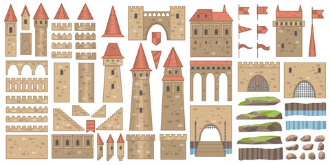 Set of historical fairy-tale house bastion constructor isolated on white background.Castle constructor, fortress and medieval palace fort with towers, vector isolated elements.  - obrazy, fototapety, plakaty