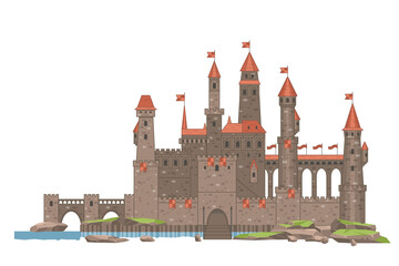 Fairy-tale castle on white background. Vector illustration. Medieval fortress. 