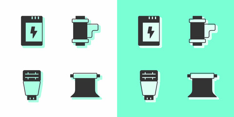Set Empty photo studio, Battery for camera, Photo flash and Camera roll cartridge icon. Vector