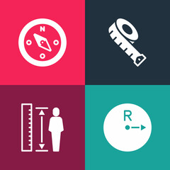Set pop art Radius, Measuring height body, tape and Compass icon. Vector