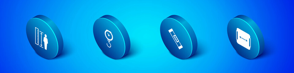 Set Isometric Measuring height body, Construction bubble level, Area measurement and Hand scale spring mechanical icon. Vector