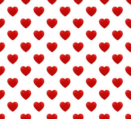 seamless pattern with red hearts, shiny hearts on white background