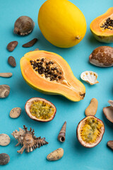 Ripe cut papaya, melon, passion fruit, seashells, pebbles on blue pastel background. Side view, close up.