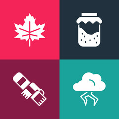 Set pop art Storm, Winter scarf, Jam jar and Leaf leaves icon. Vector