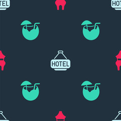 Set Swimsuit, Signboard with text Hotel and Coconut cocktail on seamless pattern. Vector