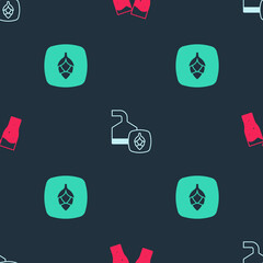 Set Glass of beer, Beer brewing process and Hop on seamless pattern. Vector