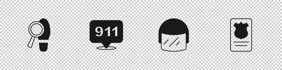 Set Footsteps, Telephone call 911, Police helmet and badge with id case icon. Vector