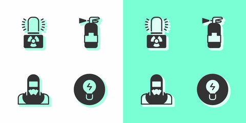 Set Light bulb with concept of idea, Radioactive warning lamp, Nuclear reactor worker and Fire extinguisher icon. Vector