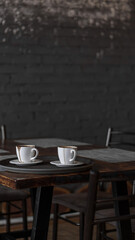 two mugs of coffee stands on a tray in a restaurant.  dark colors, loft style interior.  no people