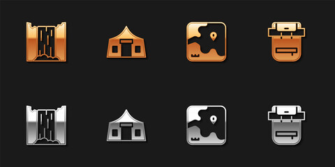 Set Waterfall, Tourist tent, Africa safari map and Hiking backpack icon. Vector