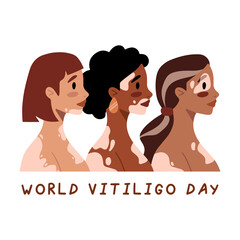 Different nationalities women with vitiligo. Self acceptance, self love concept. Poster, banner, card international World Vitiligo Day