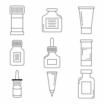 Set of medical  medicines isolated on white background - pills in jars, nasal spray, mixture, ointment in tube. Design elements for print, banners, posters, web, advertising in social networks. Doodle
