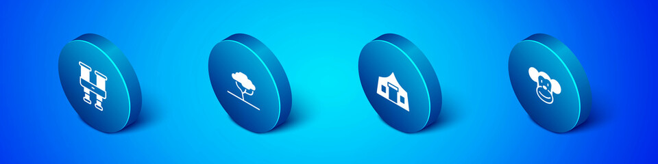 Set Isometric Binoculars, Tourist tent, Monkey and African tree icon. Vector