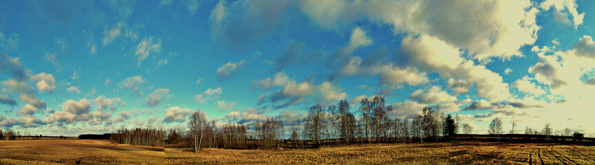 Panorama.View of the frozen Narew River and its surroundings.