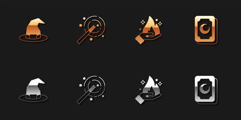 Set Witch hat, Magic wand, Hand holding fire and Tarot cards icon. Vector