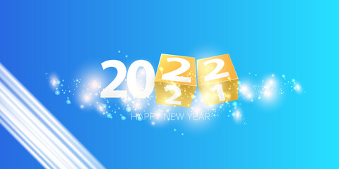 2022 Happy new year creative design horizontal banner background and greeting card with text. vector 2022 new year numbers isolated on modern blue background with sparkles and lights