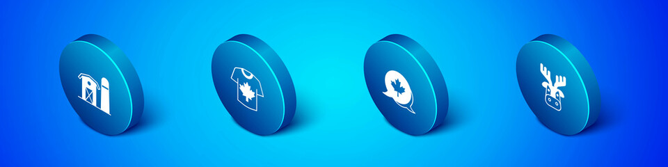 Set Isometric Farm house, Canadian maple leaf, Deer head with antlers and Hockey jersey icon. Vector