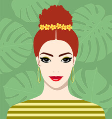 Beautiful young smiling redhead woman with yellow flowers in her hair wearing large gold hoop earrings and striped dress against green background with palm leaves, colorful vector illustration - 480714484