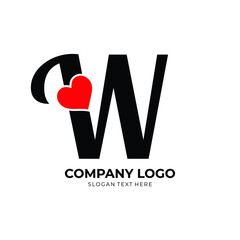 W letter logo with heart icon, Happy Valentines initial W logo, Valentines Day greeting card banner logo template