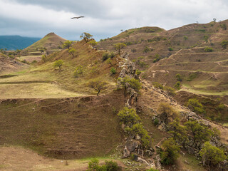 Ridge of rock protruding from the ground. Colorful sunny morning landscape with silhouettes of big rocky mountains and epic deep gorge. Mountain texture, mountain terrain. Travel in the sandy mountain