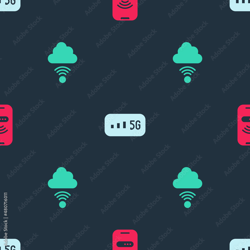 Poster set mobile with wi-fi wireless, 5g internet and network cloud connection on seamless pattern. vector