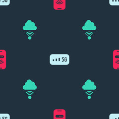Set Mobile with wi-fi wireless, 5G internet and Network cloud connection on seamless pattern. Vector