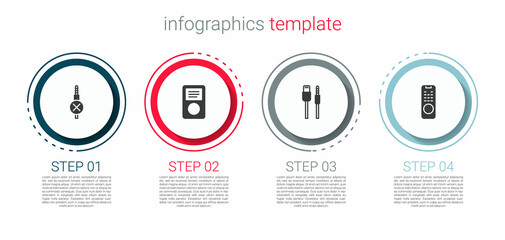 Set No audio jack, Music player, USB cable cord and Remote control. Business infographic template. Vector