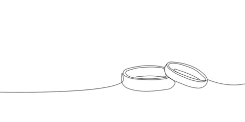 Wedding rings continuous line drawing. One line art of love, rings, marriage, union of hearts, classic, romance.