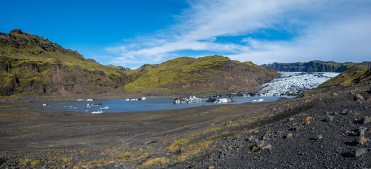 Sólheimajökull picturesque glacier in southern Iceland. The tongue of this glacier slides from...