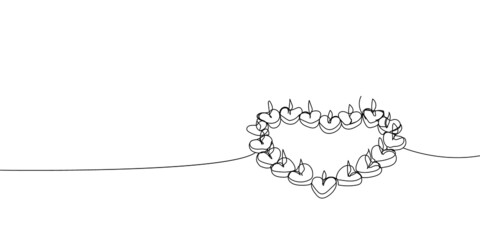 Small candles in the shape of a heart continuous line drawing. One line art of memorable date, light, romance, congratulations, love, atmosphere.